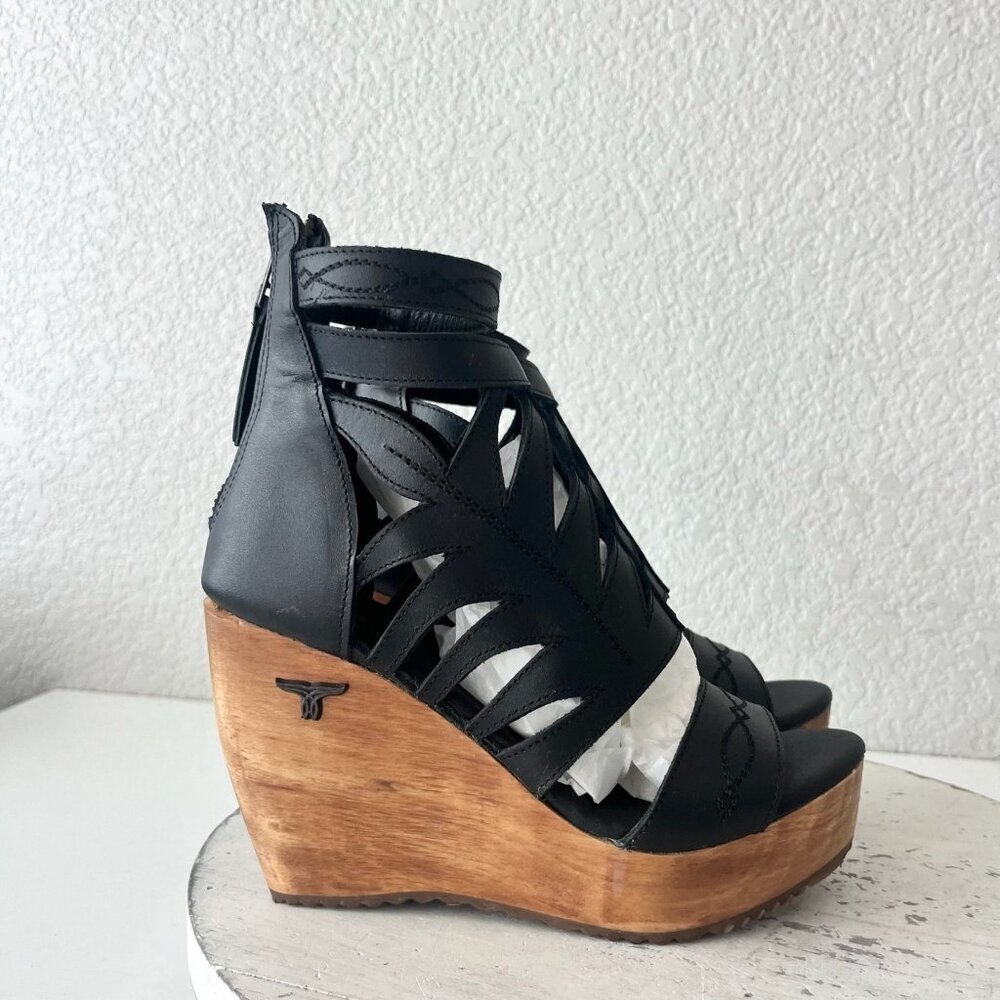 Lane Boots BECCA Womens Black Wedges Western Sandals Cowgirl Wooden Heel Size 5 - Picture 2 of 11